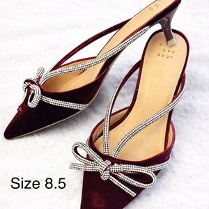 a new day Burgundy Velvet Pointed-Toe Slingback Heels with Crystal Bow Trim